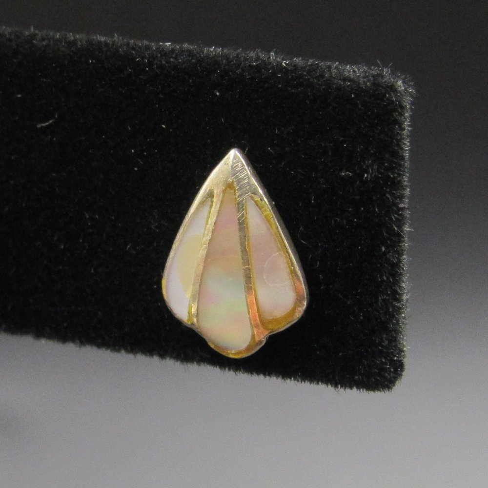 Sterling Silver Worn Rustic Shell Inlay Stud Earr… - image 1